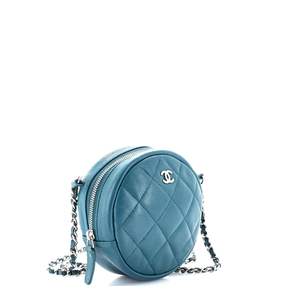 Round Clutch with Chain Quilted Iridescent Caviar Mini