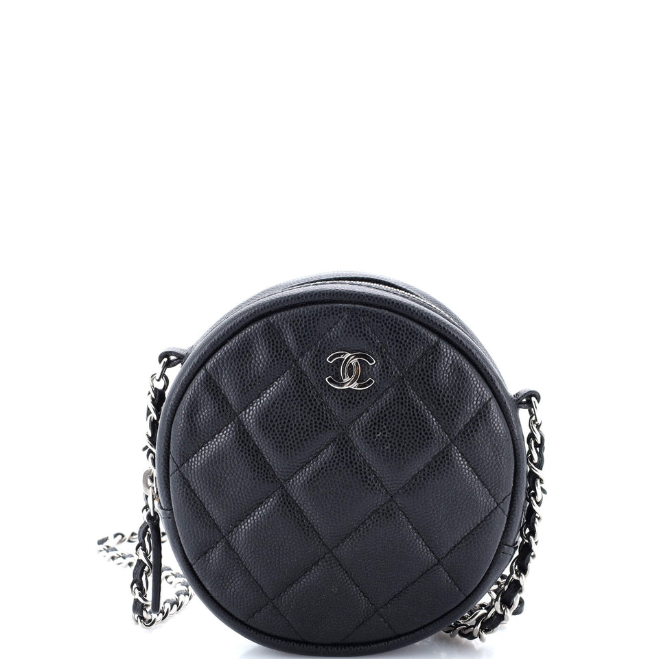 Round Clutch with Chain Quilted Iridescent Caviar Mini