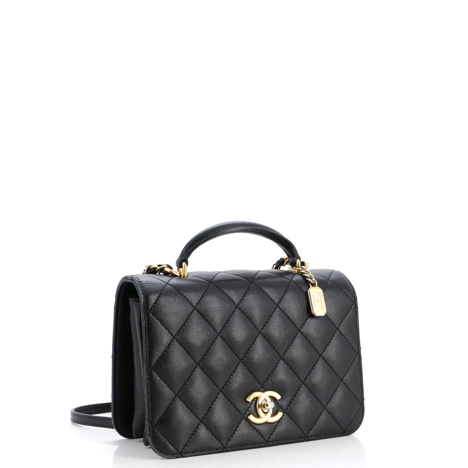 CC Top Handle Chain Full Flap Bag Quilted Caviar Small