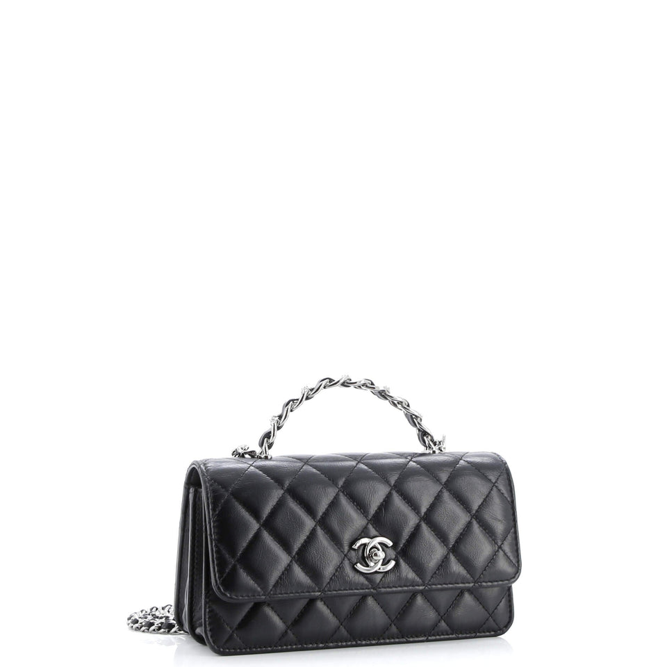 Top Handle Phone Holder with Chain Quilted Lambskin with Crystals