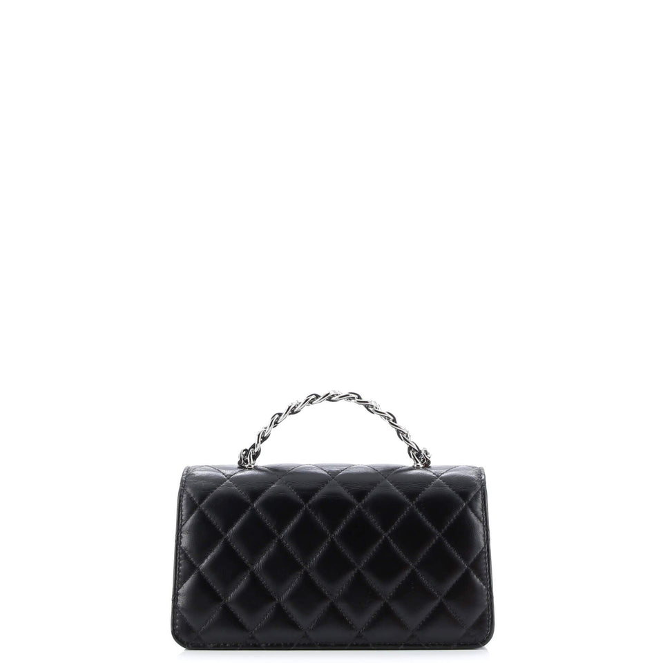 Top Handle Phone Holder with Chain Quilted Lambskin with Crystals