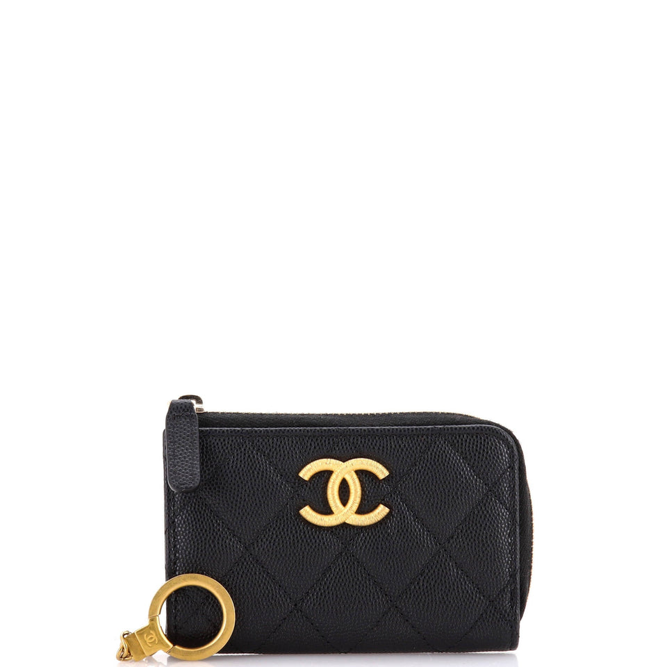 Textured CC Zipped Key Holder Quilted Caviar