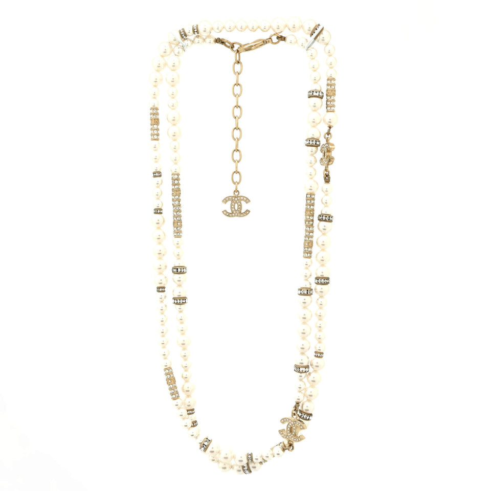 CC Single Strand Long Necklace Faux Pearls with Metal and Crystals