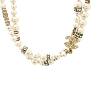 CC Single Strand Long Necklace Faux Pearls with Metal and Crystals