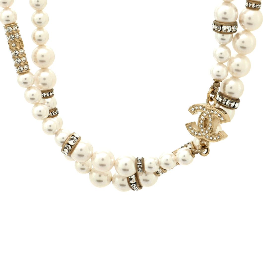 CC Single Strand Long Necklace Faux Pearls with Metal and Crystals