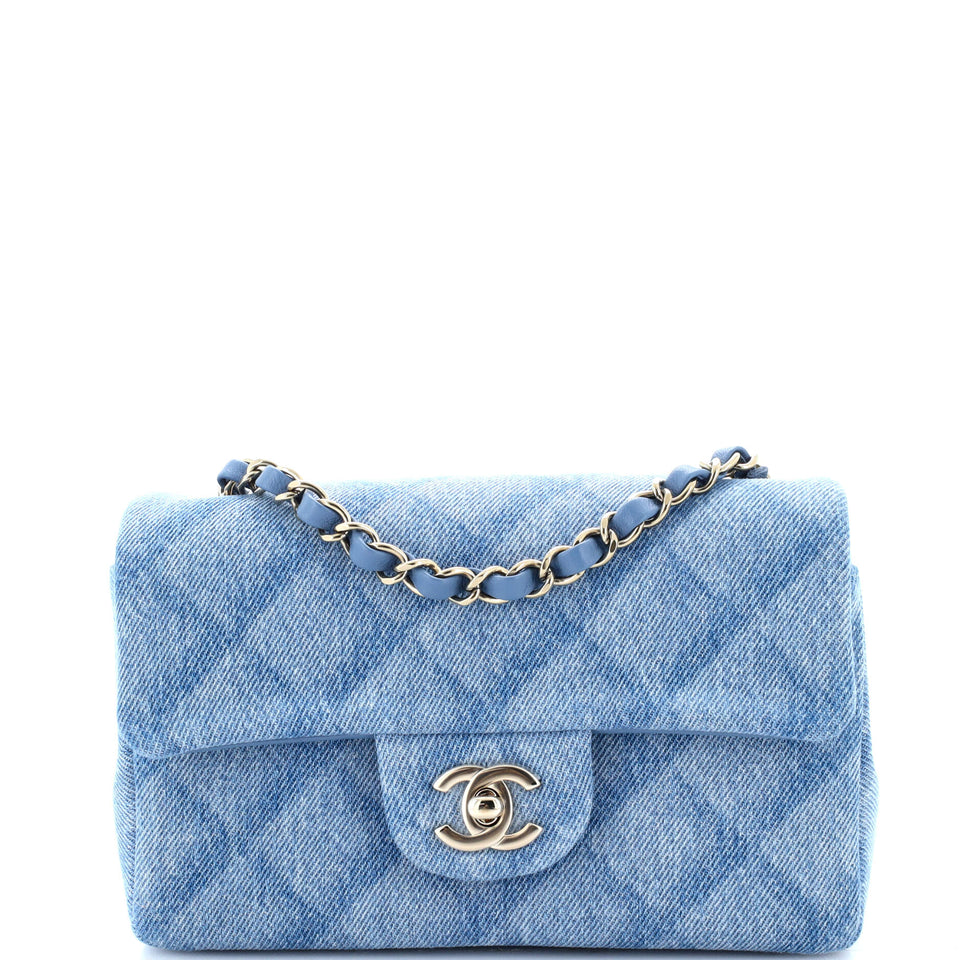 Classic Single Flap Bag 3D Quilt Printed Denim Mini