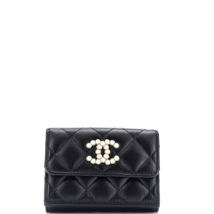 CC Pearl Trifold Flap Wallet Quilted Lambskin Small