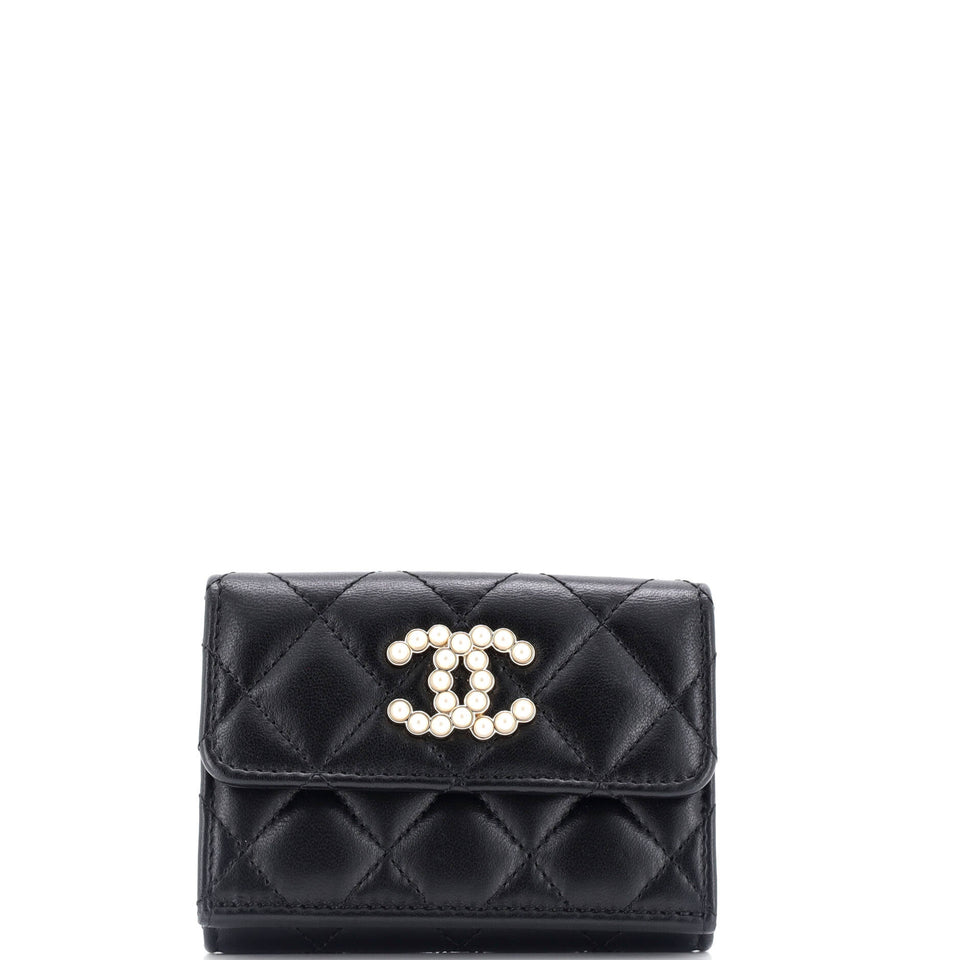 CC Pearl Trifold Flap Wallet Quilted Lambskin Small