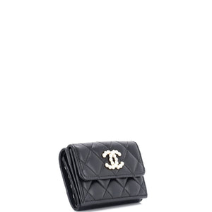 CC Pearl Trifold Flap Wallet Quilted Lambskin Small