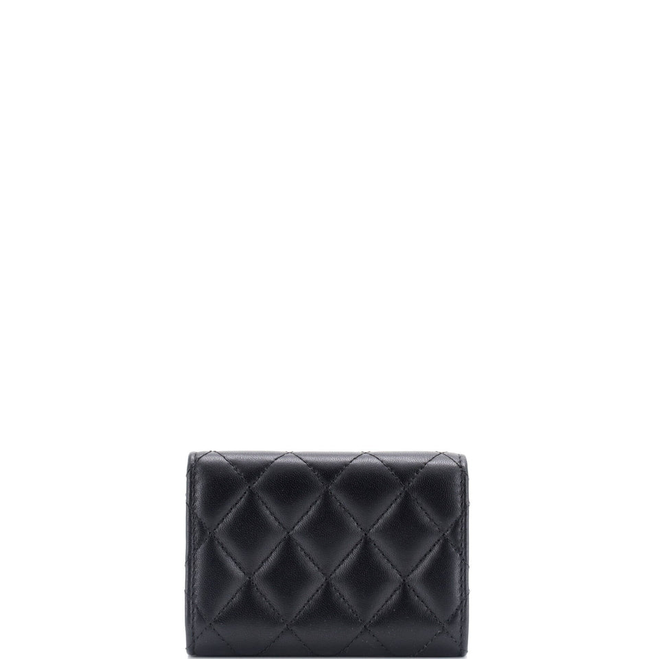 CC Pearl Trifold Flap Wallet Quilted Lambskin Small