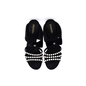 Women's CC Bow Heeled Mule Sandals Velvet with Faux Pearls