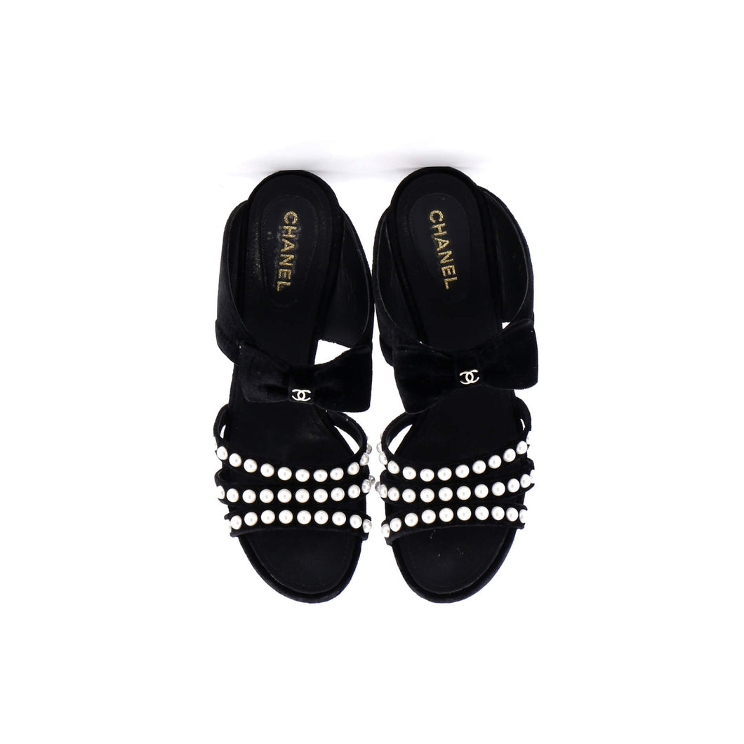 Women's CC Bow Heeled Mule Sandals Velvet with Faux Pearls