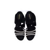 Women's CC Bow Heeled Mule Sandals Velvet with Faux Pearls