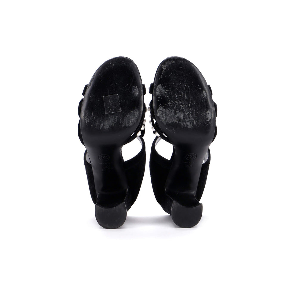 Women's CC Bow Heeled Mule Sandals Velvet with Faux Pearls