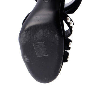 Women's CC Bow Heeled Mule Sandals Velvet with Faux Pearls