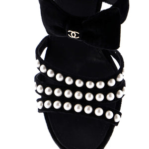 Women's CC Bow Heeled Mule Sandals Velvet with Faux Pearls