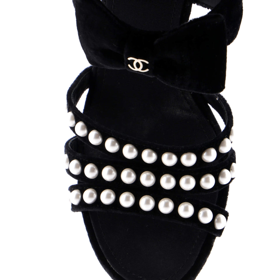 Women's CC Bow Heeled Mule Sandals Velvet with Faux Pearls