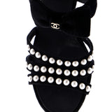Women's CC Bow Heeled Mule Sandals Velvet with Faux Pearls