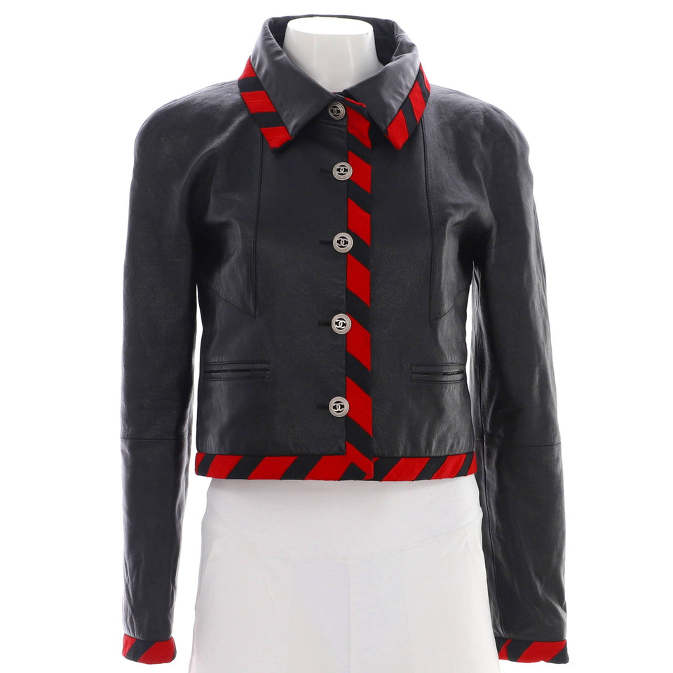 Women's Striped Trim Button Up Jacket Leather with Silk