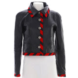 Women's Striped Trim Button Up Jacket Leather with Silk