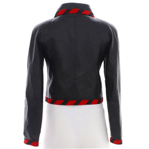 Women's Striped Trim Button Up Jacket Leather with Silk