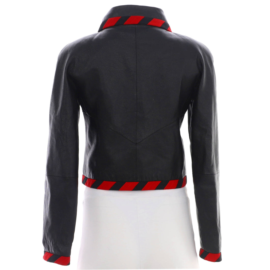 Women's Striped Trim Button Up Jacket Leather with Silk