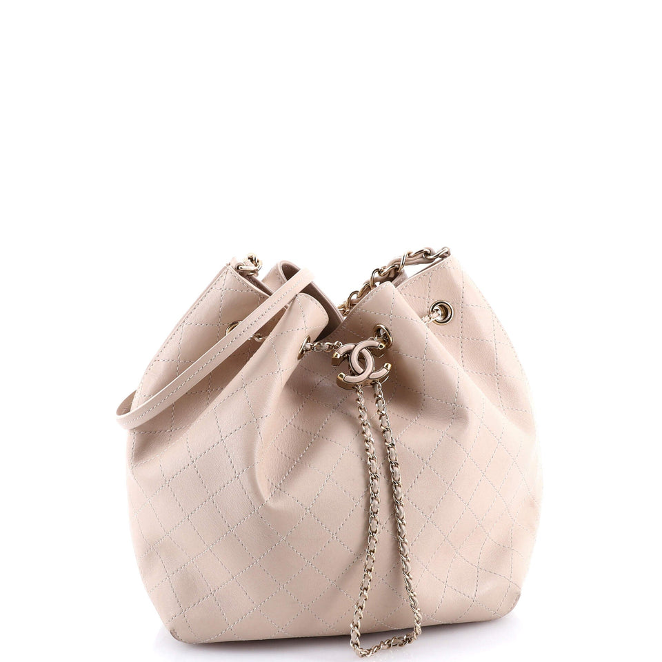 Covered CC Drawstring Bucket Bag Stitched Calfskin Medium