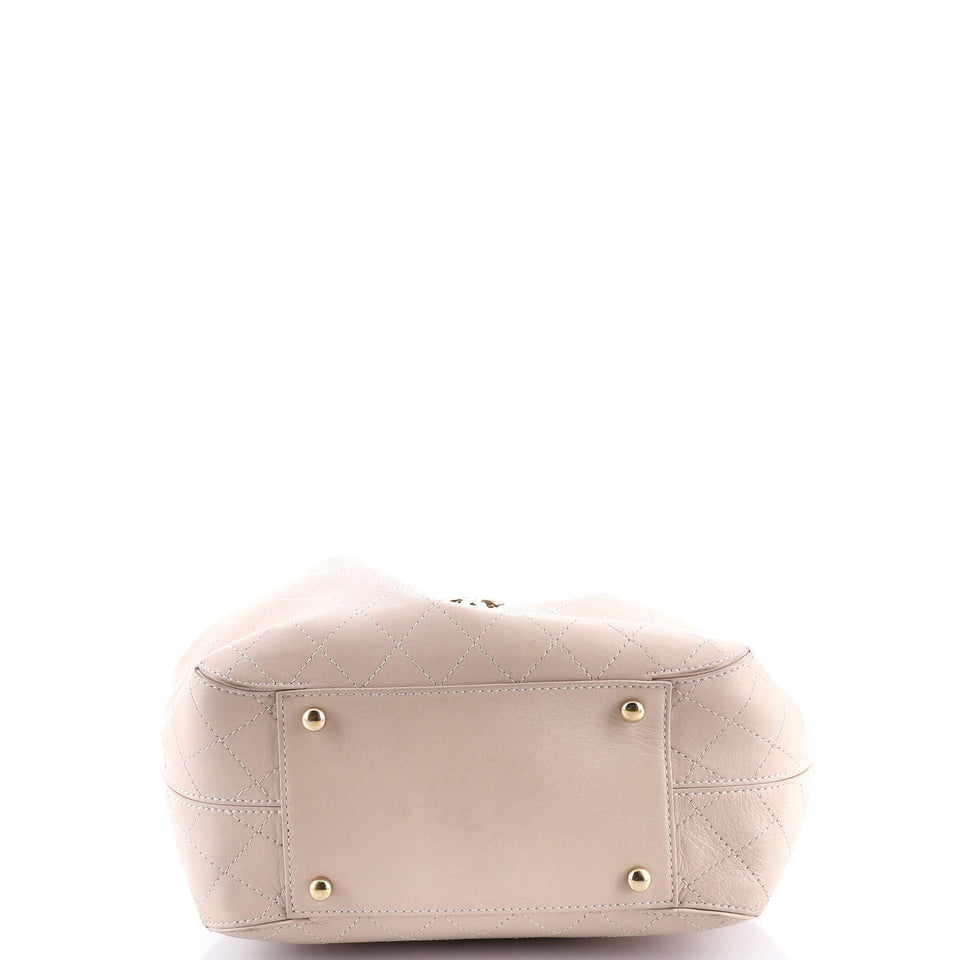 Covered CC Drawstring Bucket Bag Stitched Calfskin Medium