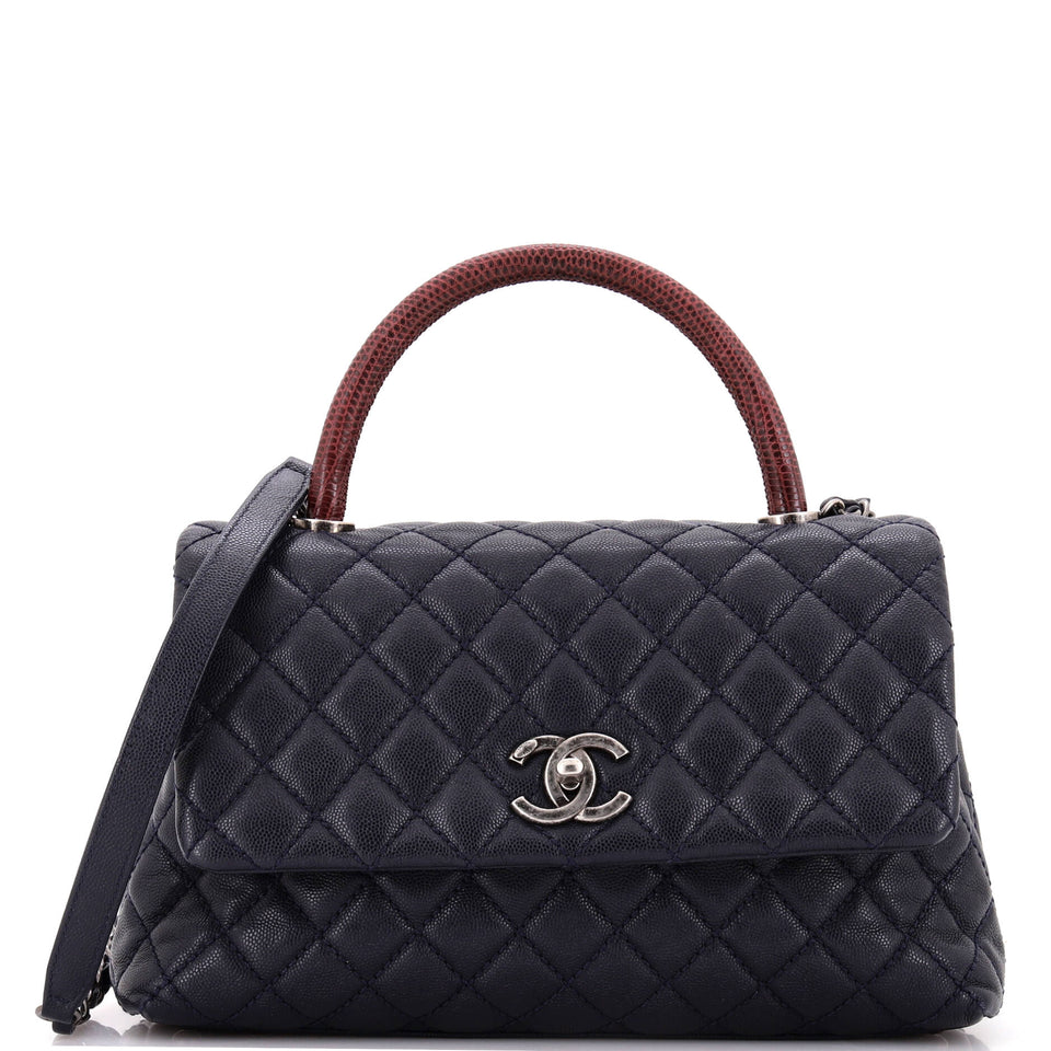 Coco Top Handle Bag Quilted Caviar with Lizard Small