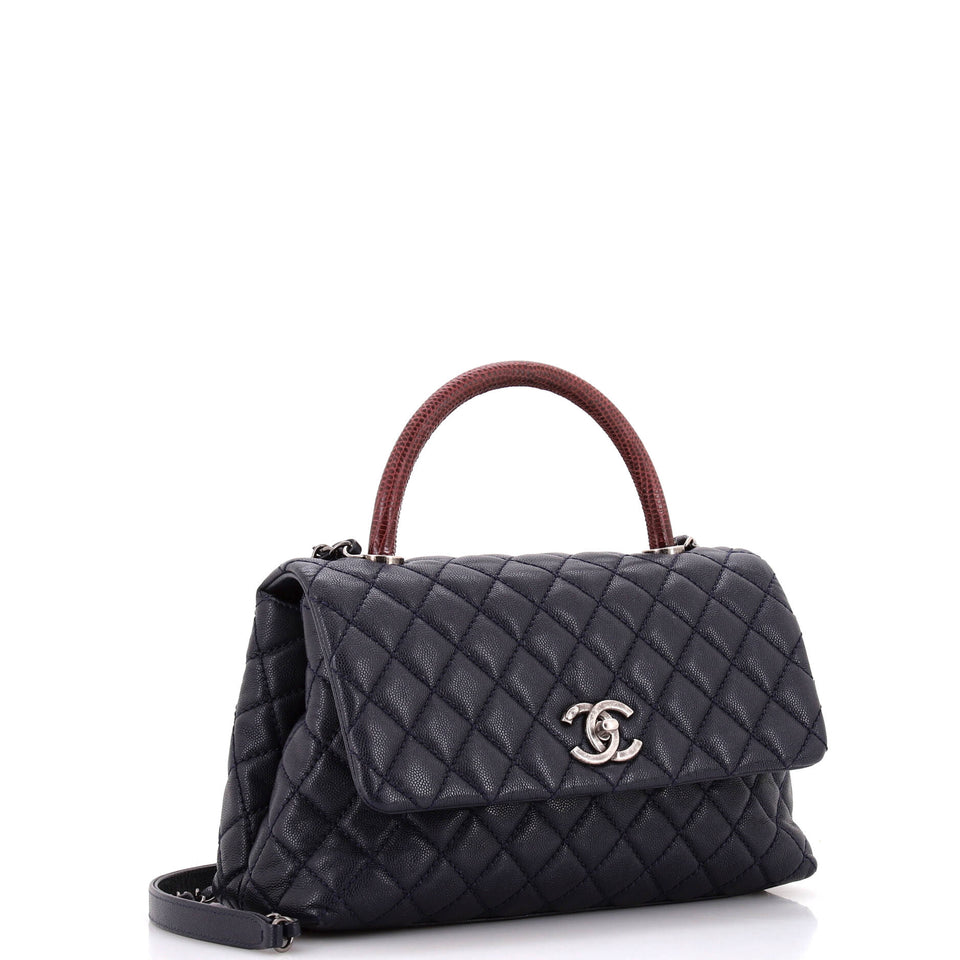 Coco Top Handle Bag Quilted Caviar with Lizard Small