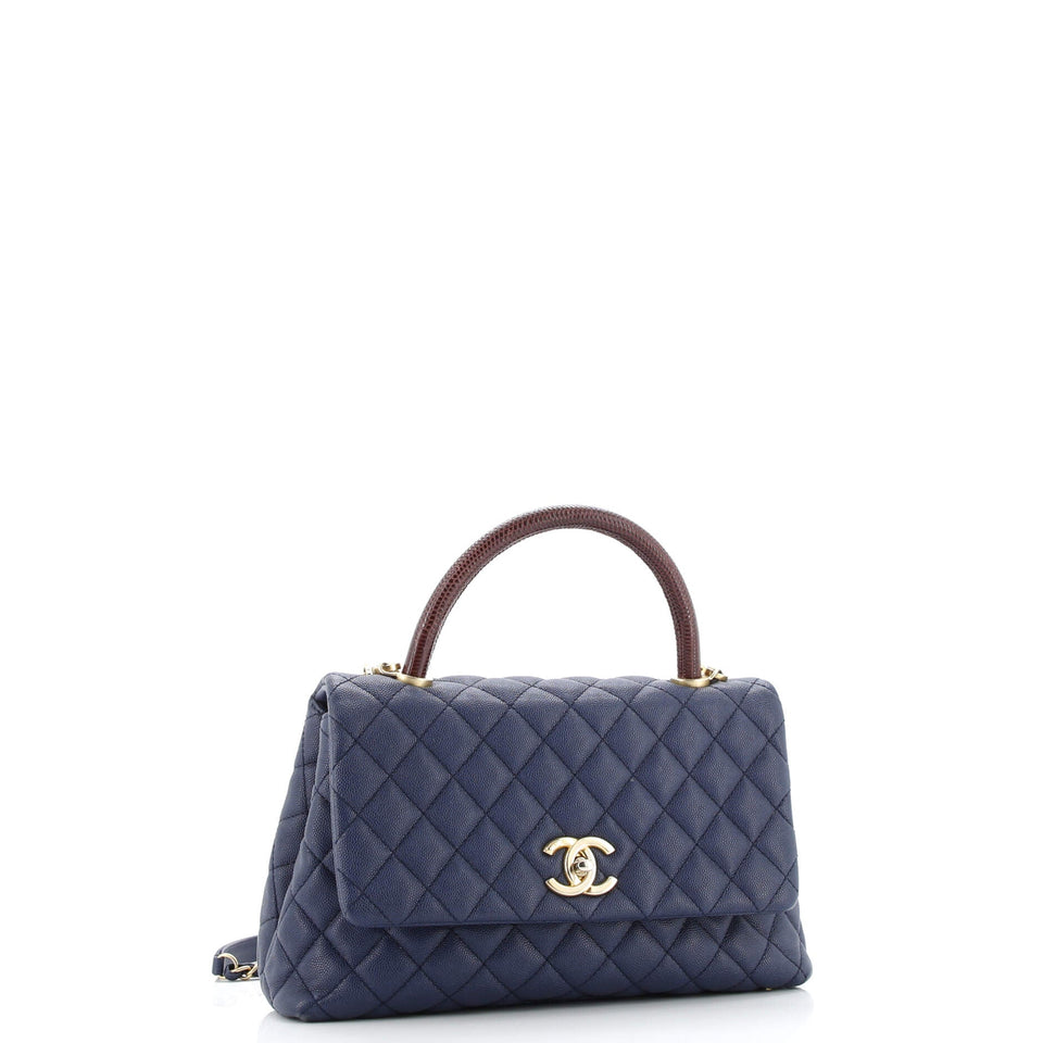 Coco Top Handle Bag Quilted Caviar with Lizard Embossed Handle Small