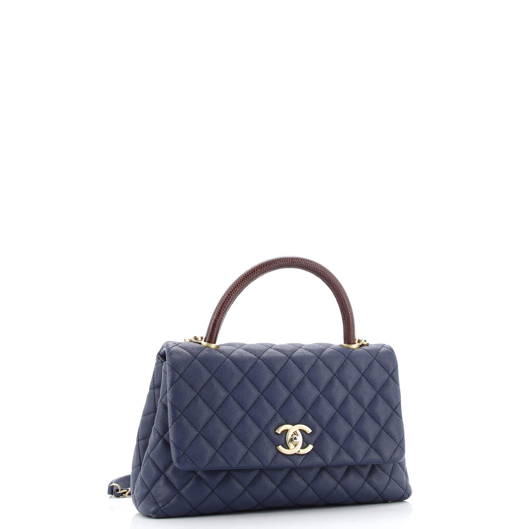 Coco Top Handle Bag Quilted Caviar with Lizard Embossed Handle Small