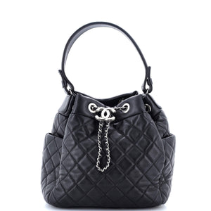CC Chain Drawstring Bucket Bag Quilted Lambskin Small