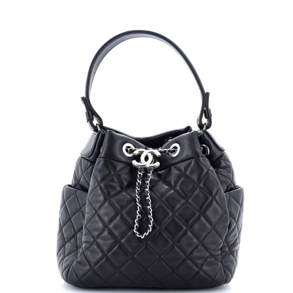 CC Chain Drawstring Bucket Bag Quilted Lambskin Small