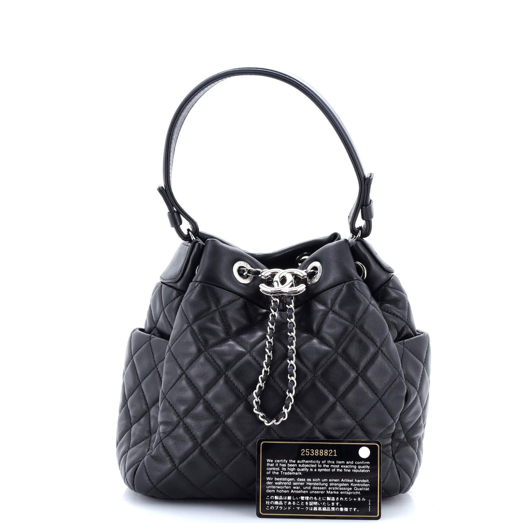 CC Chain Drawstring Bucket Bag Quilted Lambskin Small