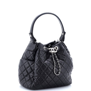 CC Chain Drawstring Bucket Bag Quilted Lambskin Small