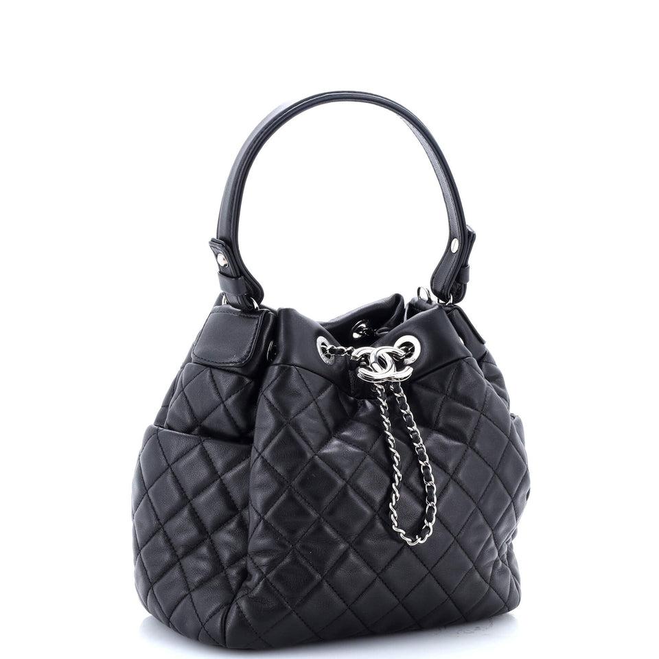 CC Chain Drawstring Bucket Bag Quilted Lambskin Small