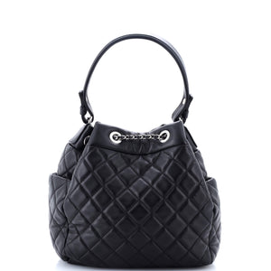CC Chain Drawstring Bucket Bag Quilted Lambskin Small