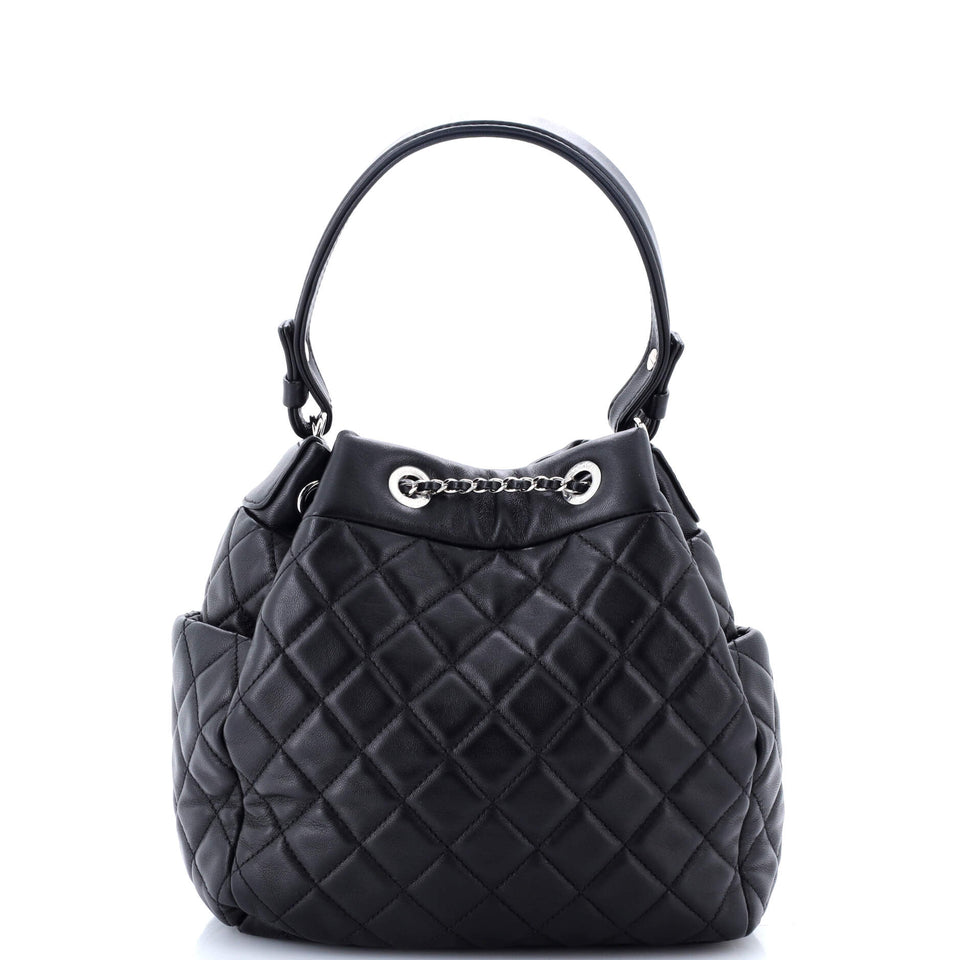 CC Chain Drawstring Bucket Bag Quilted Lambskin Small