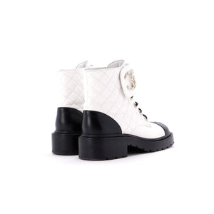 Women's Chain CC Cap Toe Lace Up Combat Boots Quilted Shiny Calfskin
