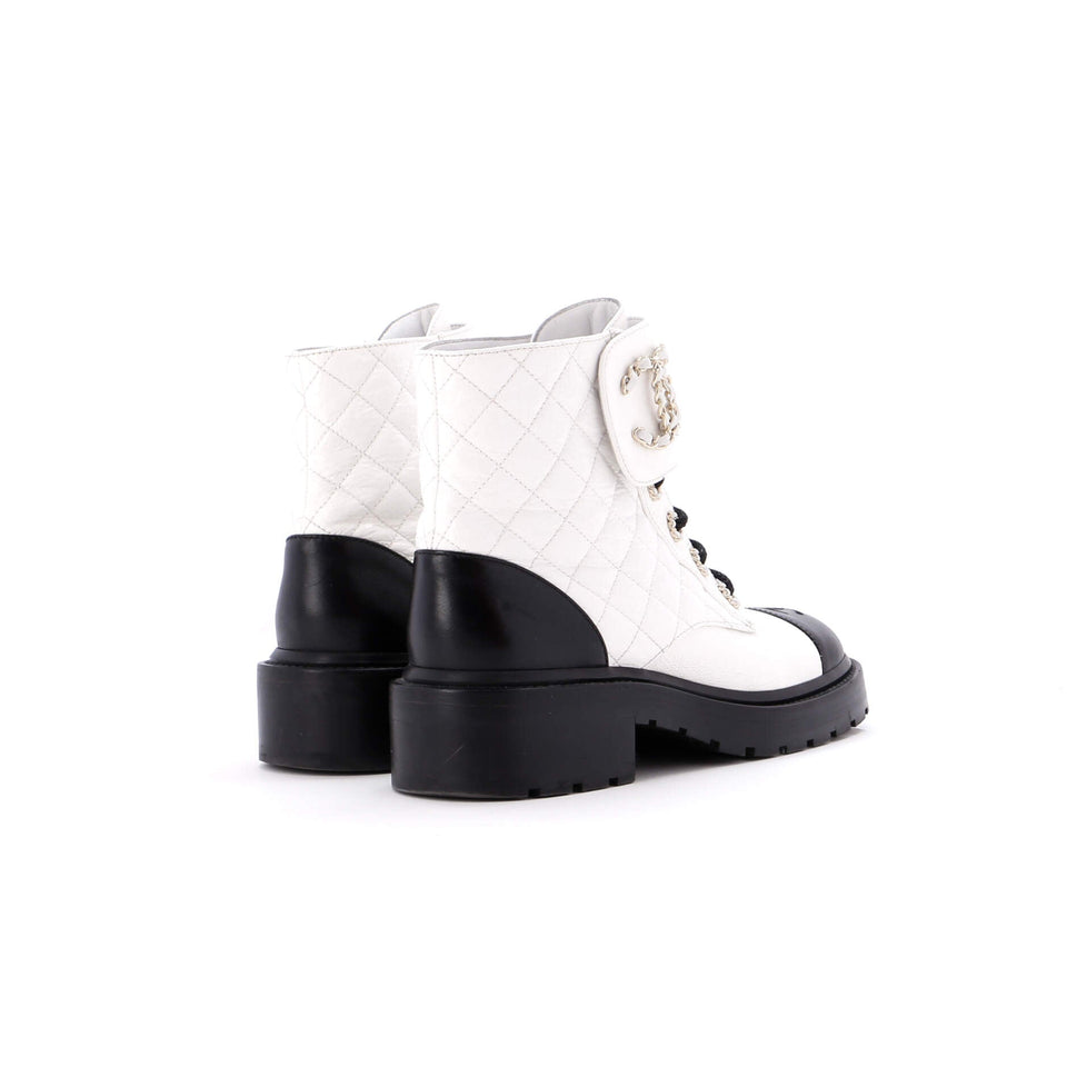 Women's Chain CC Cap Toe Lace Up Combat Boots Quilted Shiny Calfskin