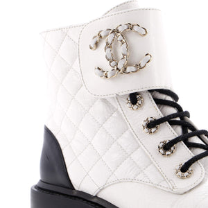 Women's Chain CC Cap Toe Lace Up Combat Boots Quilted Shiny Calfskin