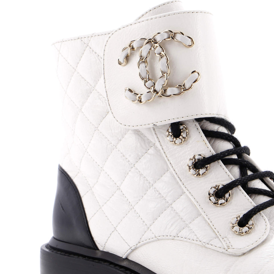 Women's Chain CC Cap Toe Lace Up Combat Boots Quilted Shiny Calfskin