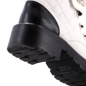 Women's Chain CC Cap Toe Lace Up Combat Boots Quilted Shiny Calfskin