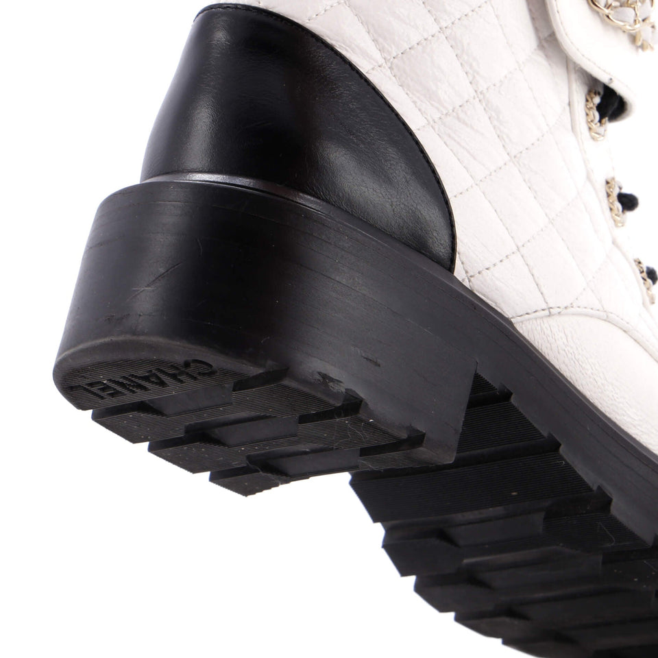 Women's Chain CC Cap Toe Lace Up Combat Boots Quilted Shiny Calfskin
