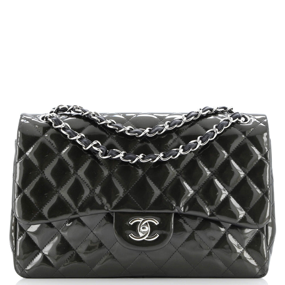 Classic Double Flap Bag Quilted Striated Metallic Patent Jumbo
