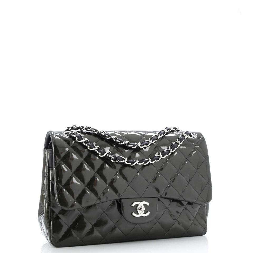 Classic Double Flap Bag Quilted Striated Metallic Patent Jumbo