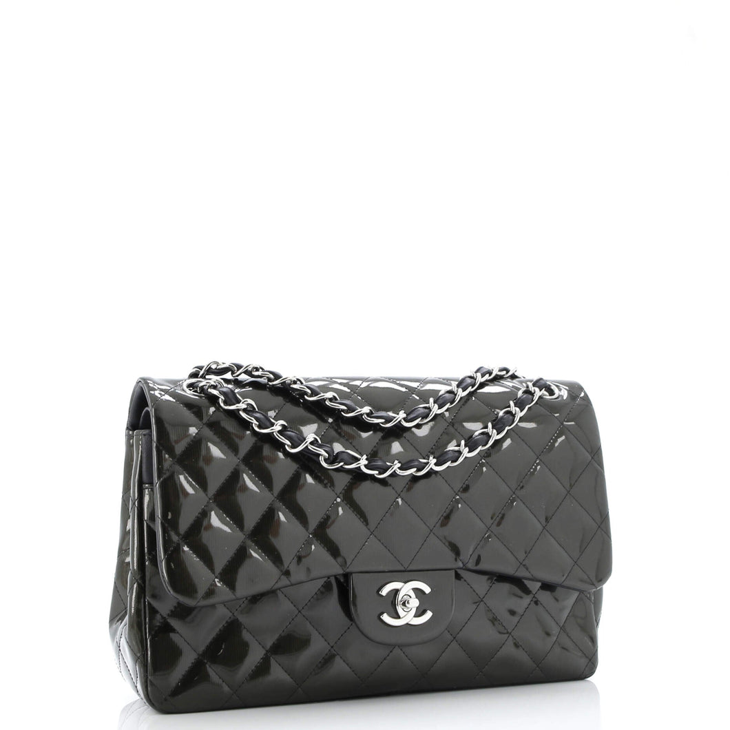 Classic Double Flap Bag Quilted Striated Metallic Patent Jumbo