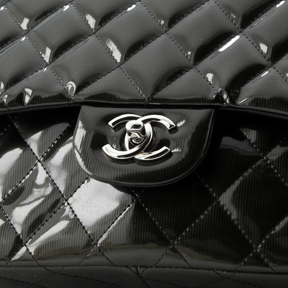 Classic Double Flap Bag Quilted Striated Metallic Patent Jumbo