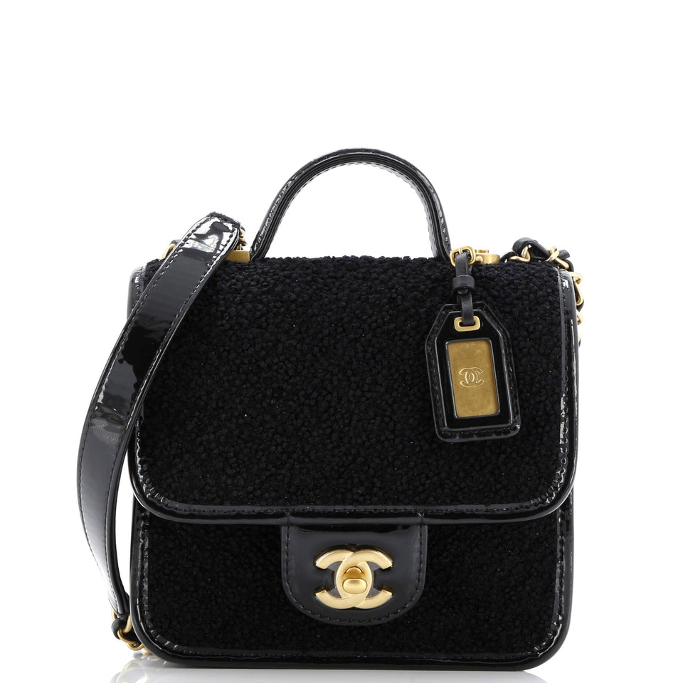 School Memory Top Handle Flap Bag Quilted Tweed with Patent Mini
